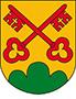 Wappen St. Peter am Wimberg: zwei gekreuzte rote Bartschlüssel vor gelbem Hintergrund unten dreiblättriges Grün
